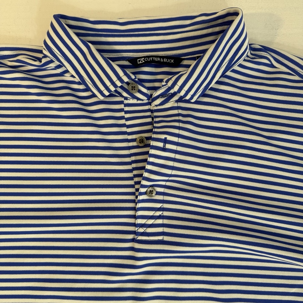Cutter & Buck Performance Polo Golf Shirt Mens XL CB White Blue‎ Striped Preppy